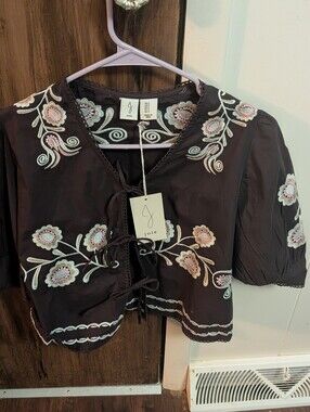 Joie Brown Embroidered Bohemian Tie Front Blouse